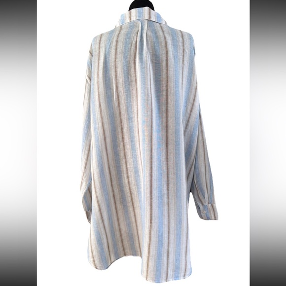 CP Shades Romy Linen Tunic Shirt Light Blue & Brown Stripe Relaxed Fit Size L - Picture 4 of 10